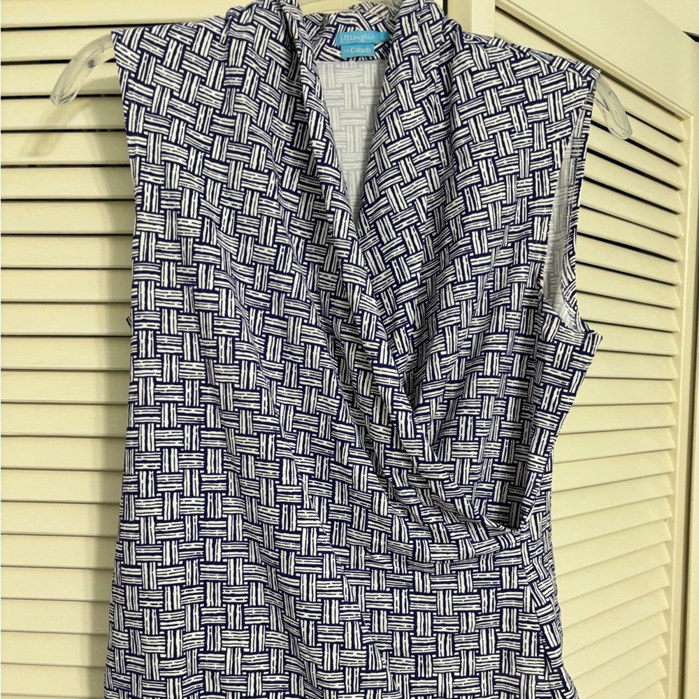 Sleeveless Navy & White Geometric Faux Wrap Blouse